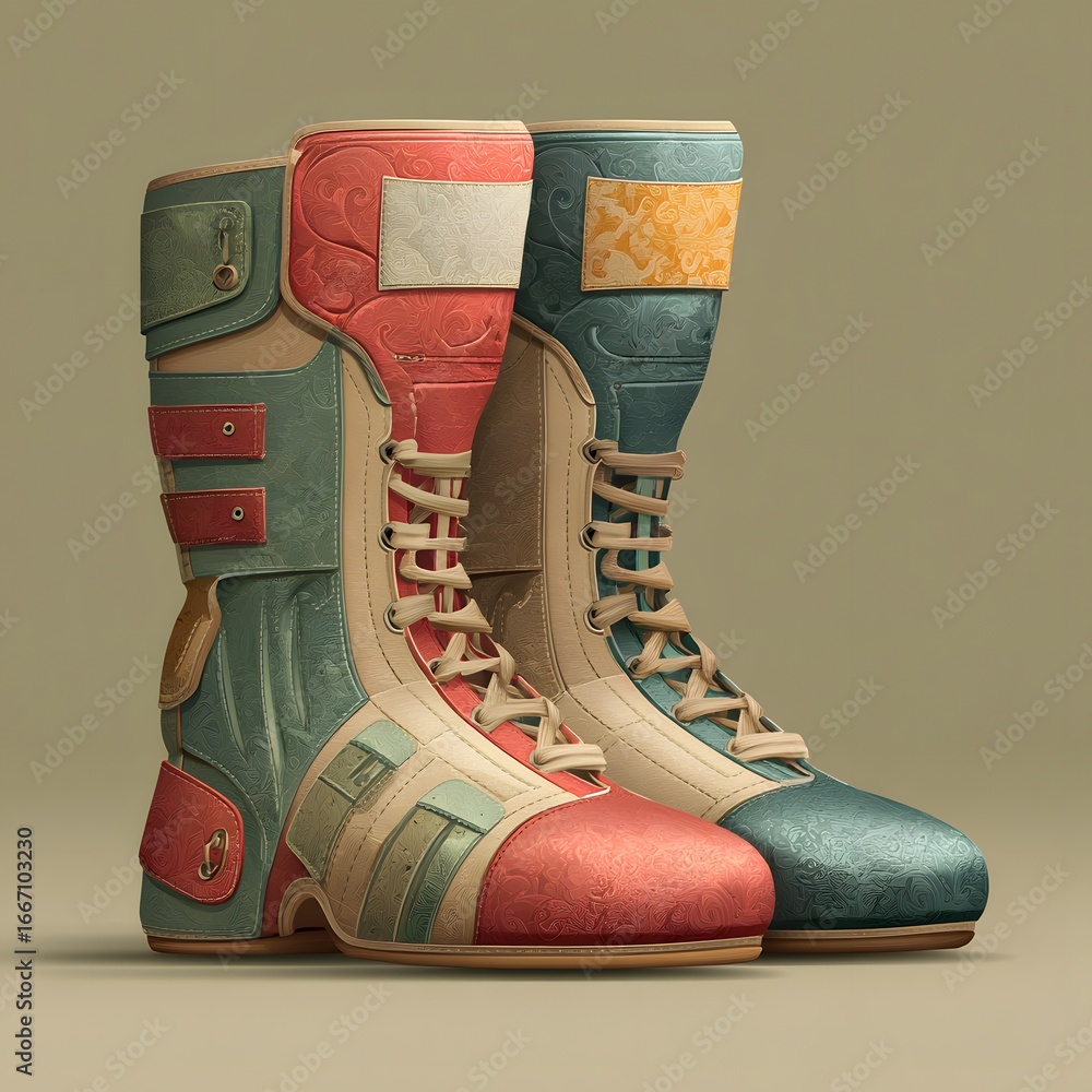 Poster retrofuturistic boots with a unique color scheme and design for a vintage look