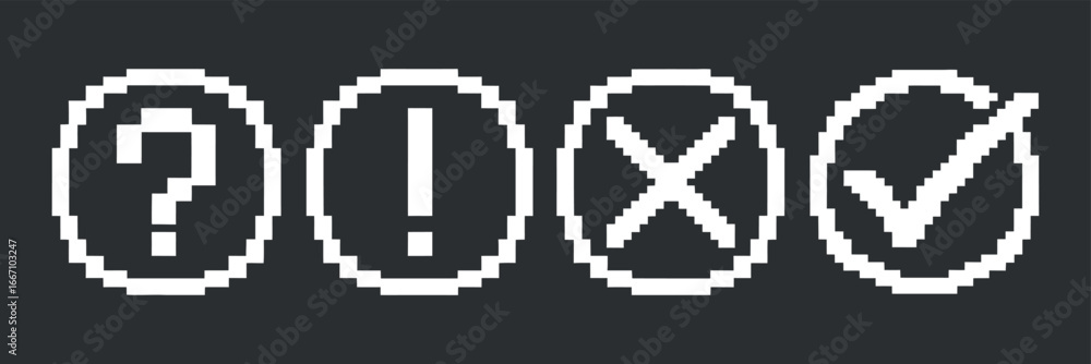 Poster pixel art icon set question exclamation cross check mark symbols for ui design and game development 
