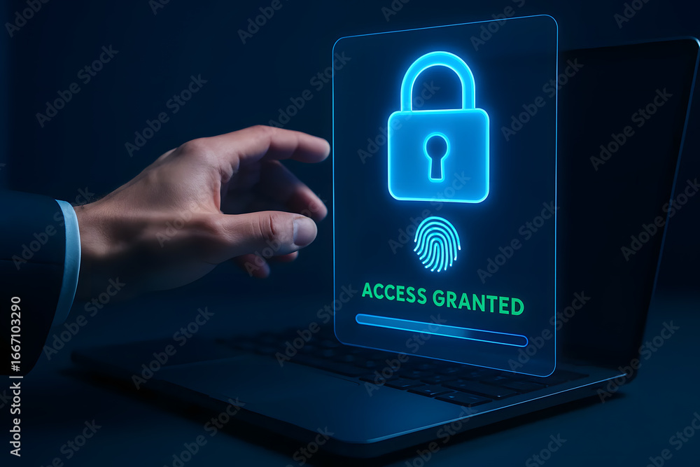 Poster seamless access granted with fingerprint scan on laptop unlocks digital security and peace of mind f