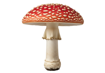 A detailed close-up of a vibrant red and white fly agaric mushroom, showcased against a stark black background.