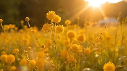 Fototapeta premium yellow flowers and grass meadow warm golden hour sunset sunrise time.