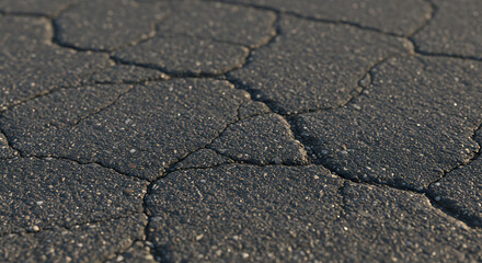 Detailed Close-up of Cracked Asphalt Pavement