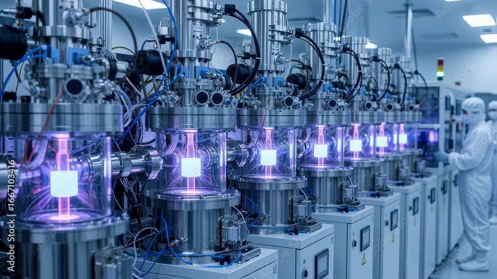 Poster galliumnitride epitaxy process underway within multiple connected mocvd reactors in a technologicall