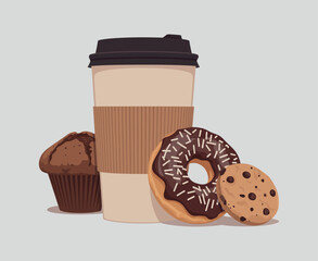 Delicious Coffee Break Still Life with Muffin, Donut, and Cookie on a Neutral Background Illustration