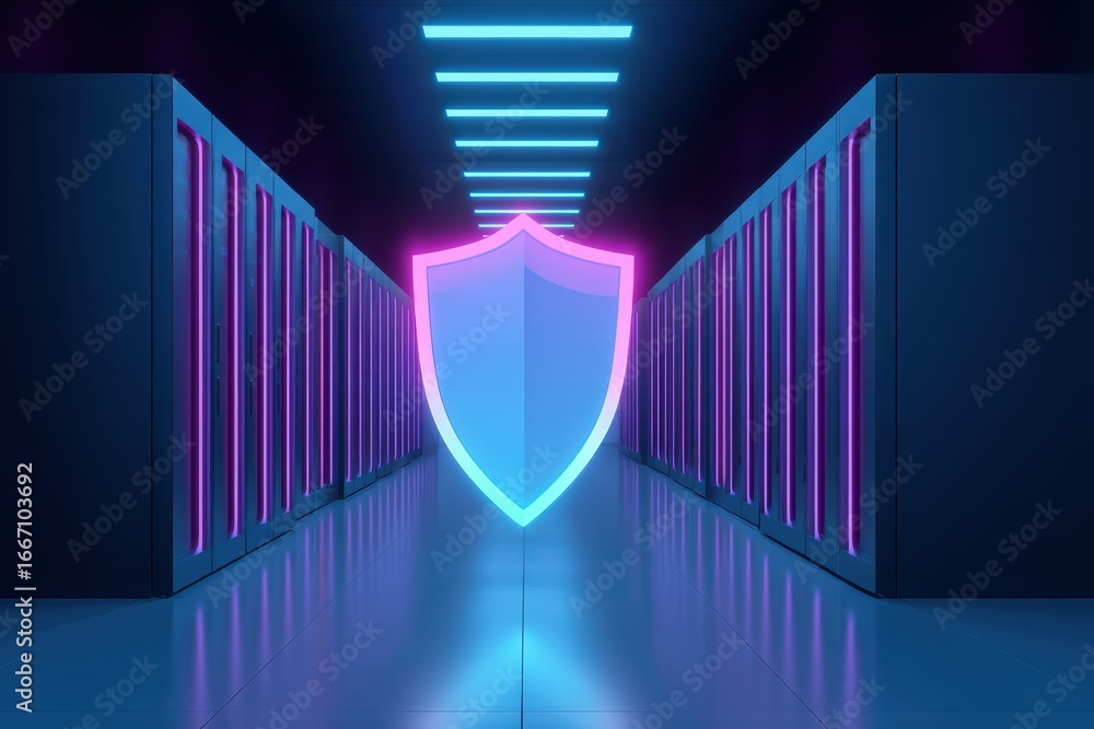 Poster digital shield symbol over modern data center with neon lights and server racks in background