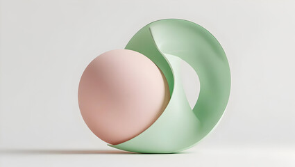 Playful pastel abstract composition with pink blob and mint green arc on white