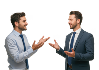 Two professional businessmen in suits engaged in a lively discussion isolated on transparent background