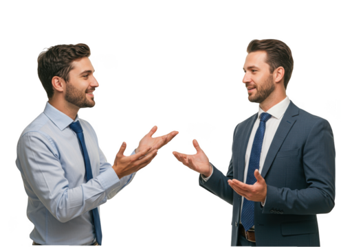 Two professional businessmen in suits engaged in a lively discussion isolated on transparent background