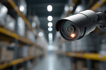 A modern security camera is mounted indoors, monitorng a brightly lit industril or warehouse environmentwith shelves and storage bxes