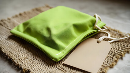 Lime green eco pouch on beige jute mat with blank kraft tag