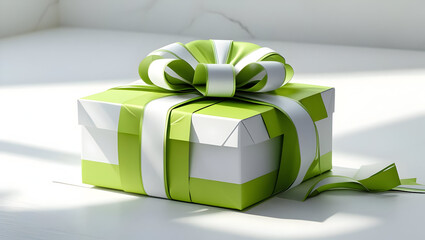 Lime green and white gift box wrapped with matching ribbon