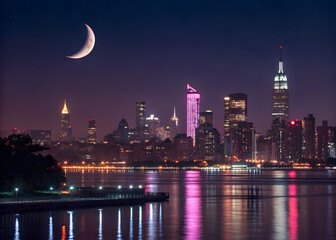 Fototapeta premium Urban Serenity: Crescent Moon Over City Skyline at Night
