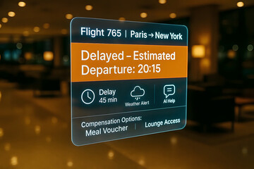 Flight 765 from Paris to New York is delayed 45 minutes due to weather, passengers have access to meal voucher and lounge access