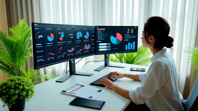 Financial Analyst Examines Payment Trends on Multi-Monitor Workstation in Modern Office