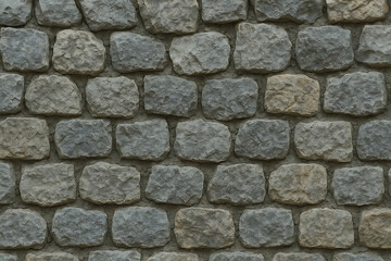 Close up view of a textured cobblestone wall with varying shades of gray and green