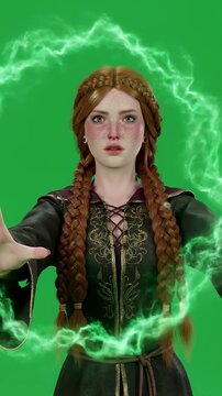 Young Witch Character with Red Braided Hair Casting Protective Magic Spell Showing Shimmering Green Energy on Green Screen Background for VFX Game Character Modeling And Isolated Element