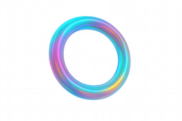 Holographic iridescent round frame floating gracefully, presenting vibrant gradients with sleek contemporary design against transparent backdrop