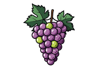 A cluster of purple and green grapes with leaves, set against a black backdrop, showcases a vibrant, cartoonish style.