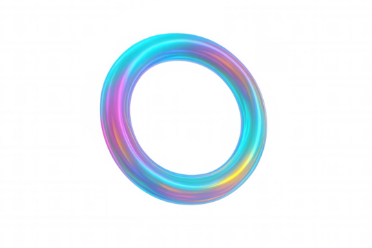 Holographic iridescent round frame floating gracefully, presenting vibrant gradients with sleek contemporary design against transparent backdrop