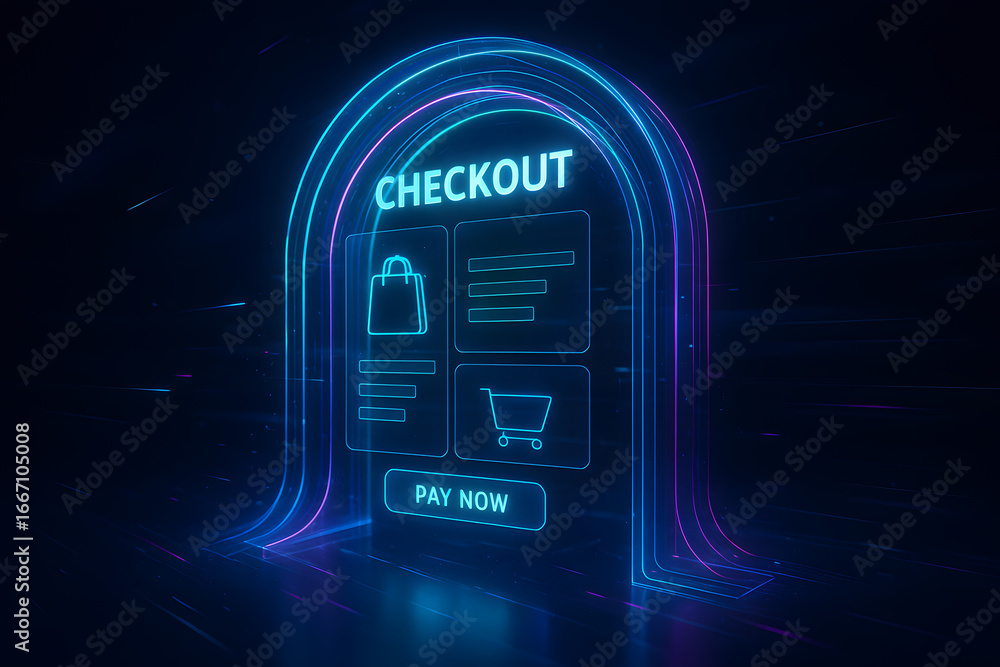 Poster modern digital checkout interface with vibrant neon glow makes online payments easy and secure for y