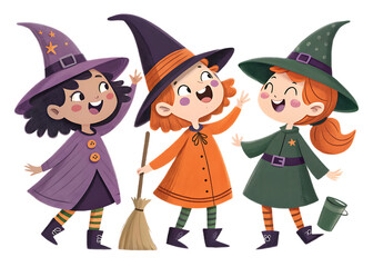 Three cartoon witches in halloween costumes with hats and brooms waving and smiling on a transparent background