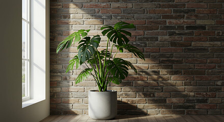 Potted Monstera Plant in an Industrial Interior with Sunlight