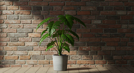 Large Potted Philodendron Plant against a Brick Wall