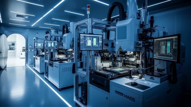 Vault corridor leading to multiple electronbeam lithography stations equipped for ultrafine semiconductor mask production.