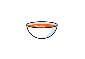 A simple, cartoon-style illustration of a bowl of orange soup, featuring a swirling pattern on the surface.