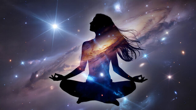 Silhouette of a woman meditating with a galaxy and universe overlay, ideal for wellness, spirituality, and mindfulness content - Powered by Adobe