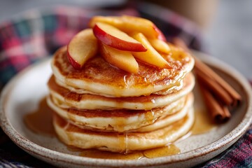 Stack of fluffy pancakes topped with fresh apple slices and drizzled with syrup, served on a rustic plate with cinnamon sticks, creating a warm breakfast atmosphere