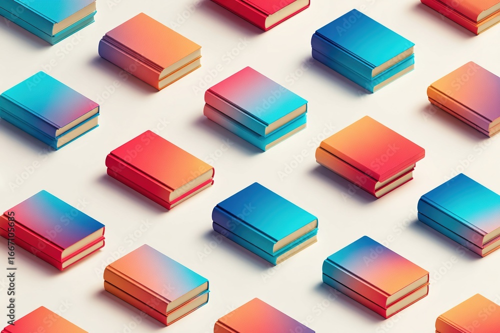 Poster colorful patterned books arranged neatly on a light surface create a vibrant visual interest