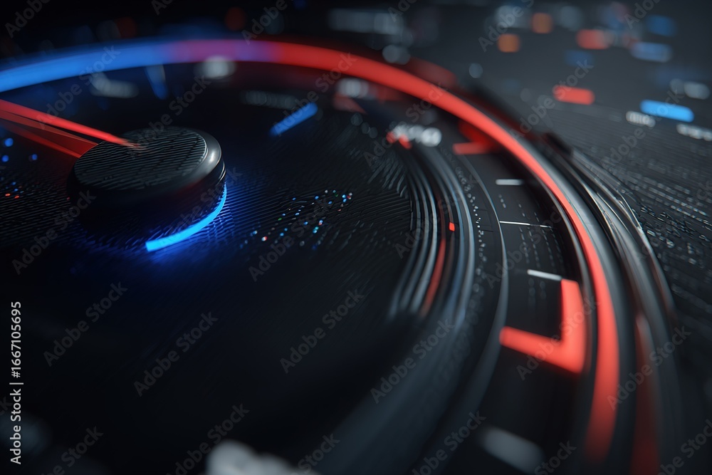 Poster close up view of a futuristic speedometer with glowing indicators showcasing high tech design elemen