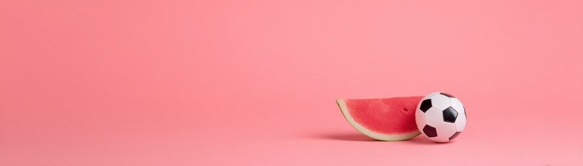 Watermelon Slice and Soccer Ball on Pink Background for Summer Vibes and Sports Theme