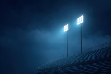 Empty Stadium Under Dim Lights with Fog and Shadows at Night for Sports Background