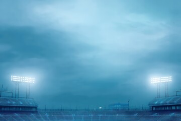 Dramatic Sky Over Empty Stadium with Floodlights Illuminating the Aisles and Seats