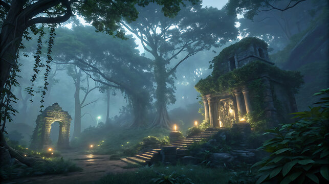 Mysterious ancient temple ruins in a misty jungle at night