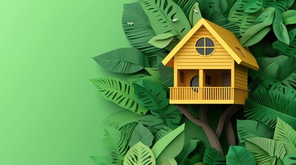 Bright Yellow Tree House Surrounded by Lush Green Leaves in a Vibrant Nature Setting