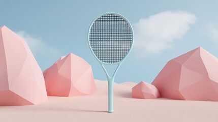 Minimalist Tennis Racket in Pastel Landscape with Geometric Shapes and Soft Clouds