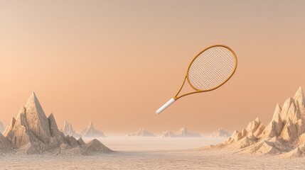 Tennis Racket Floating in a Desert Landscape with Soft Color Palette and Unique Abstract Mountains