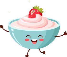 Happy Dancing Bowl of Strawberry Yogurt Character Isolated on a Transparent Background 