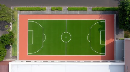 Aerial View of a Green Soccer Field Surrounded by Trees and a Parking Area in Daylight