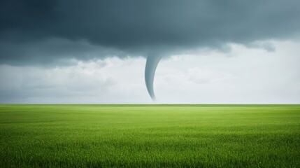 Dark Storm Clouds with Tornado Touching Down on Open Green Field Landscape