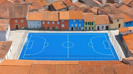 Bright Blue Soccer Field Surrounded by Colorful Houses in an Urban Neighborhood Aerial View