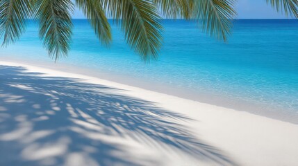 Tranquil Beach Island Scene with White Sand, Turquoise Water and Palm Leaf Shadows