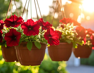 Hanging flower pots with red petunias in sunlight garden decoration summer