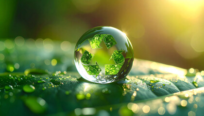 The Essence of Sustainability: A glistening water droplet, imprinted with the recycling symbol, rests delicately on a vibrant green leaf, symbolizing nature and eco-consciousness.
