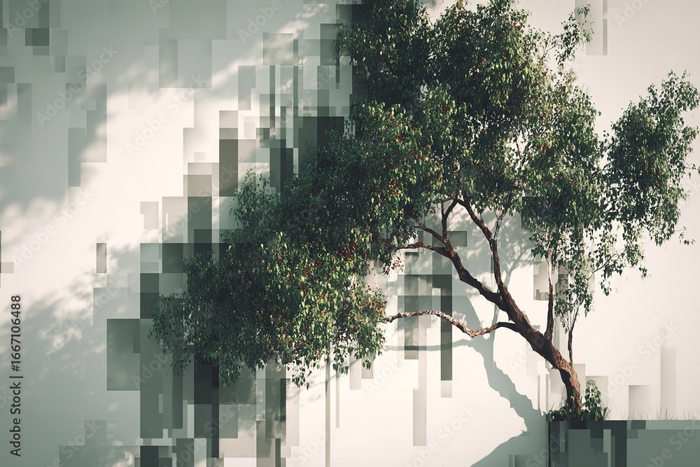 Aufkleber Digital art representation of a tree emerging from a textured wall in an abstract style during daytime