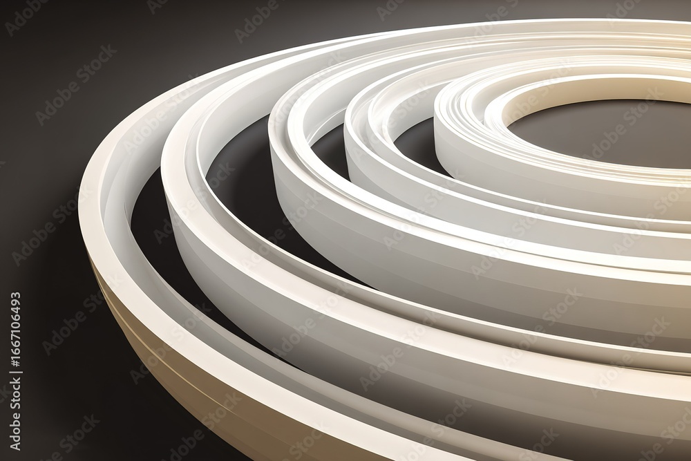 Poster circular white rings arranged in a spiral pattern on a dark background showcasing modern design elem