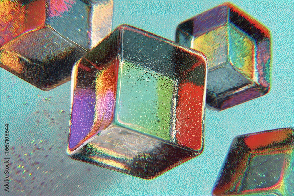 Poster colorful translucent geometric shapes floating above a textured surface in a bright environment
